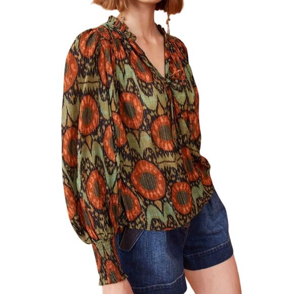 Ulla Johnson Orange and Green Shimmer V Neck Long Sleeve Loose Fit Top Size 8 - Picture 1 of 12